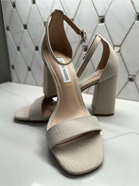 Steve Madden Cream Textured Block-Heel Ankle-Strap Sandals